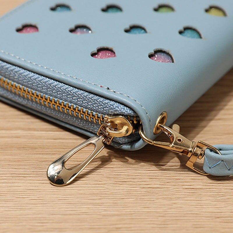 Carteira de couro para mulheres, nova carteira feminina feita em couro com zíper, grande capacidade, suporte para celular, cor amor, oco, cartão, 2019 carteiras