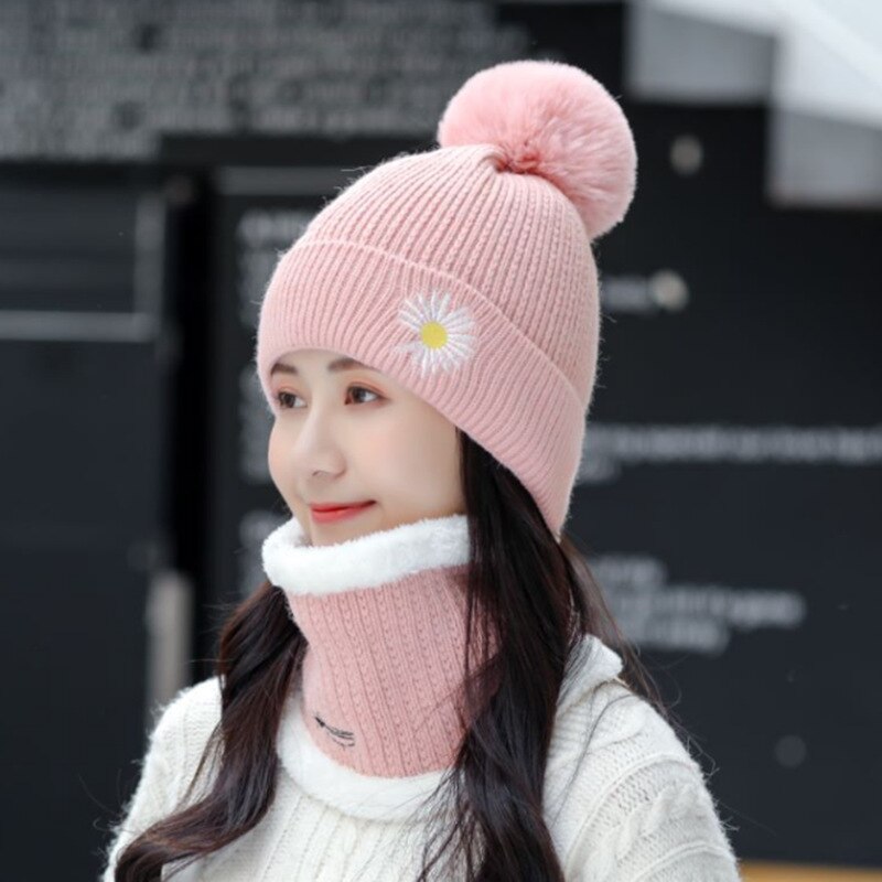 Autumn Winter daisy flower embroidery Women Hat Scart Set plus velvet thick woolen hat knitted hat Female Beanie Scarf
