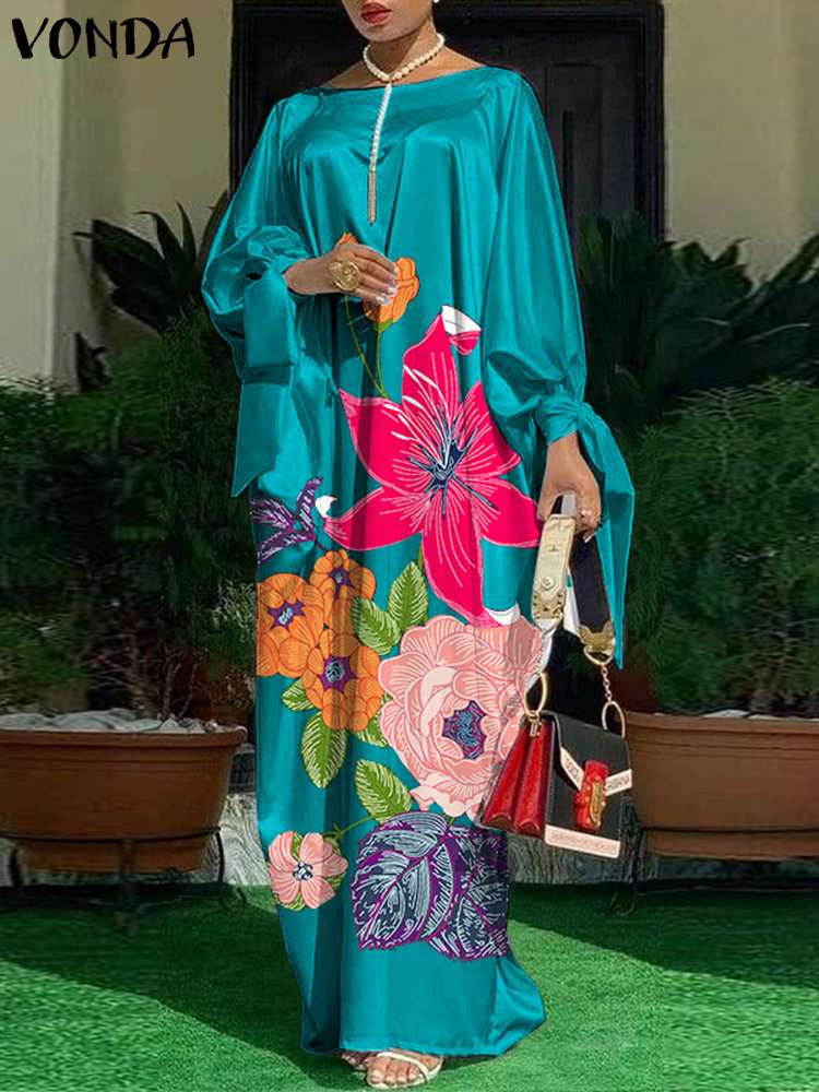 VONDA Bohemian Maxi Sundress Women Floral Printed Satin Silk Dress Autumn Casual Loose Long Sleeve Party Robe Femme: XL / green