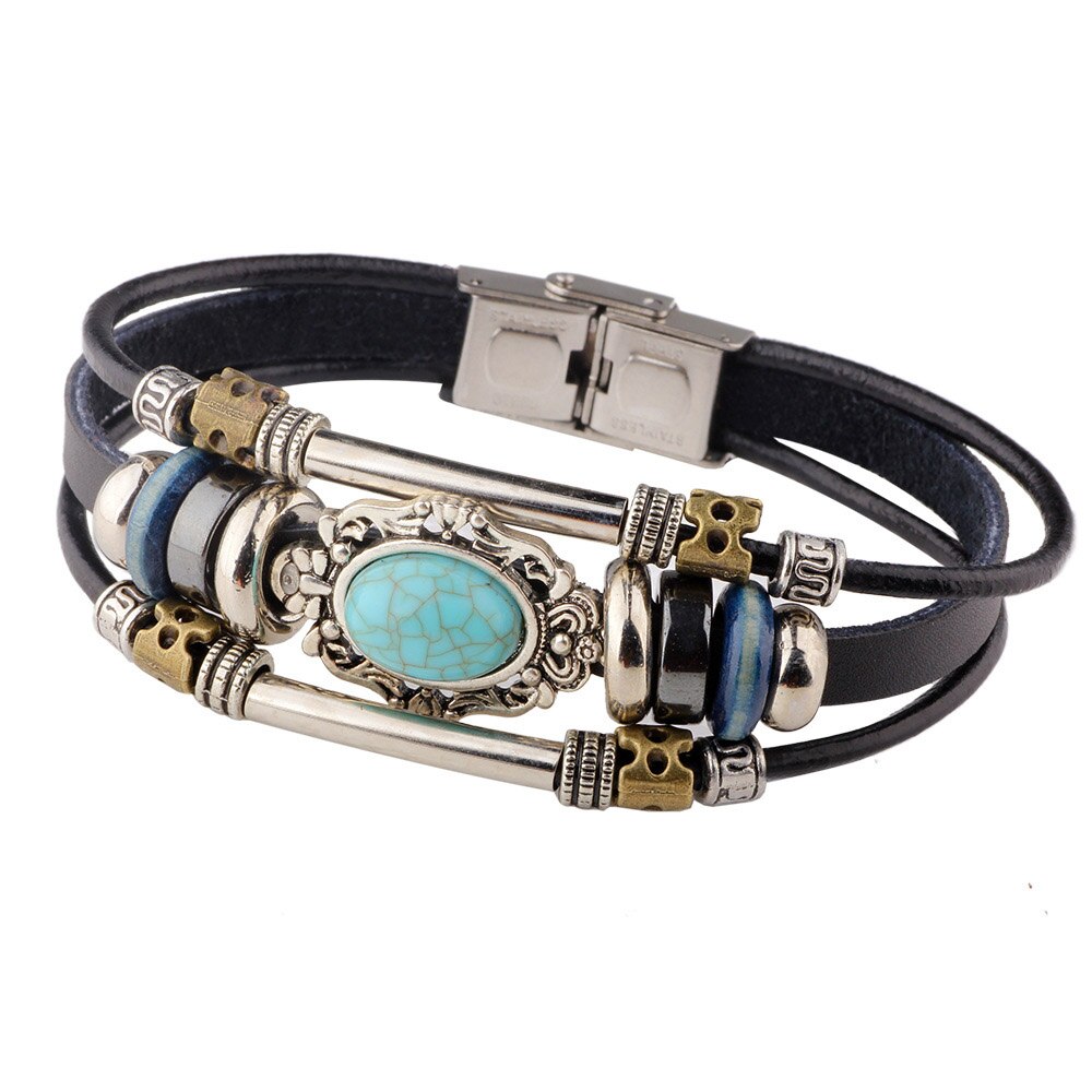 Kirykle Vintage Mannen Kralen Lederen Armbanden Multilayer Bruin Kleur Punk Bangle Voor Vrouwen/Mannen Charm Sieraden Accessoire: KR1056-9