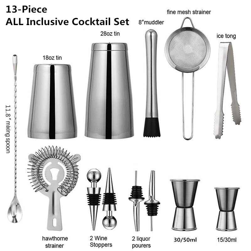 13 Stks/set Rvs Cocktail Shaker Ice Tong Mixer Drinken Boston Barman Browser Kit Bars Set Professionele Bar Tool