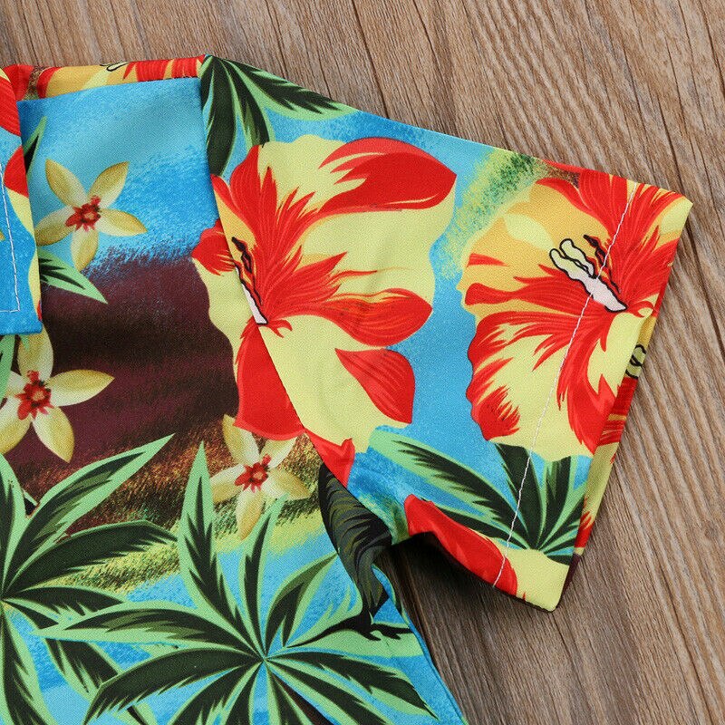 Hawaiian Style Boys Shirts Summer Kids Coconut tree Flowers Print Shirt Casual J