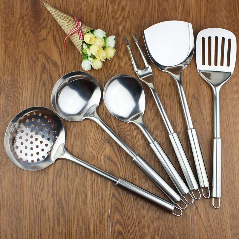 6pcs Stainless steel Cooking Tools Kitchenware Kitchen Tool Cook Utensil Set Soup Spoon Colander Turner Meat Fork Leak Shovel