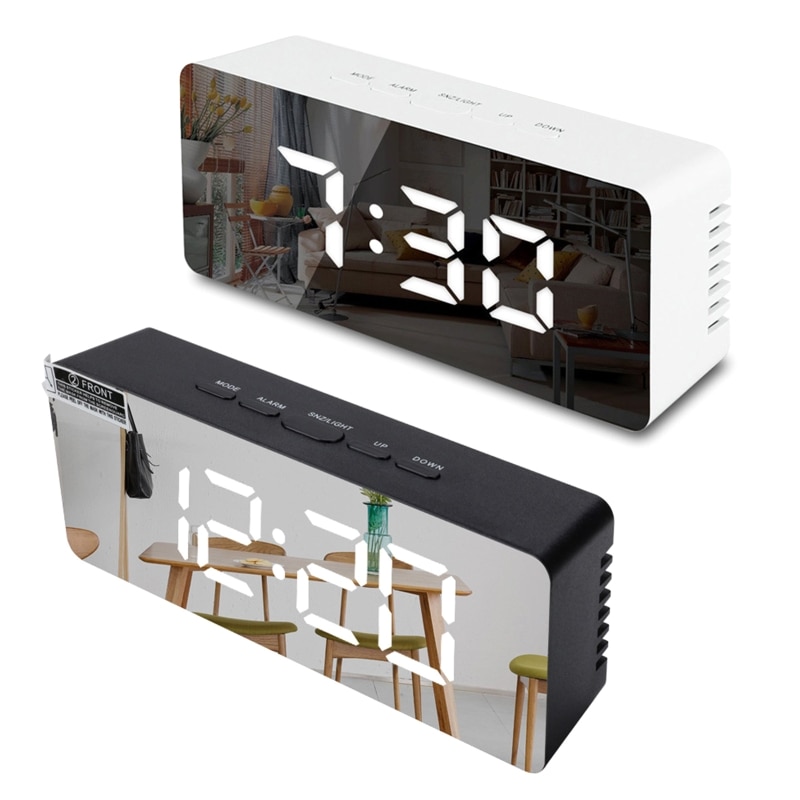 Digitale Led Spiegel Wekker Snooze Elektronische Grote Tijd Temperatuur Display Usb-poort Batterij Aangedreven