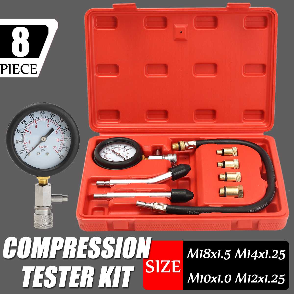 0-300 PSI Petrol Engine Pressure Gauge Tester Kit Set Compression Leakage Diagnostic Tool with 14mm and 18mm spark plug adapters