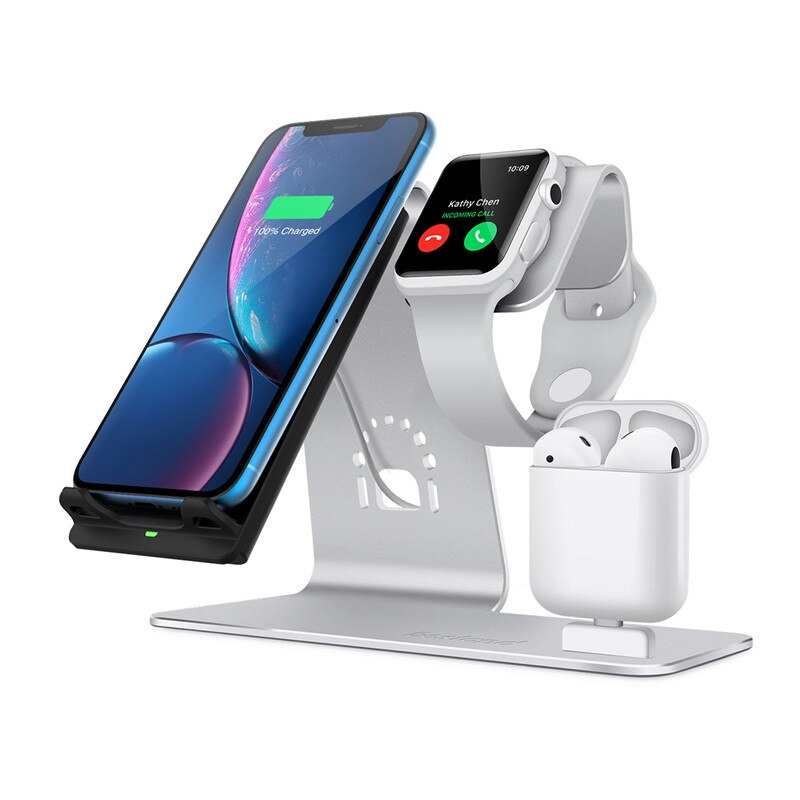 3 in 1 qi draadloze oplader met houder voor airpods smartwatch telefoon tablet desktopstandaard voor iphone ipad samsung xiaomi huawei: Zilver