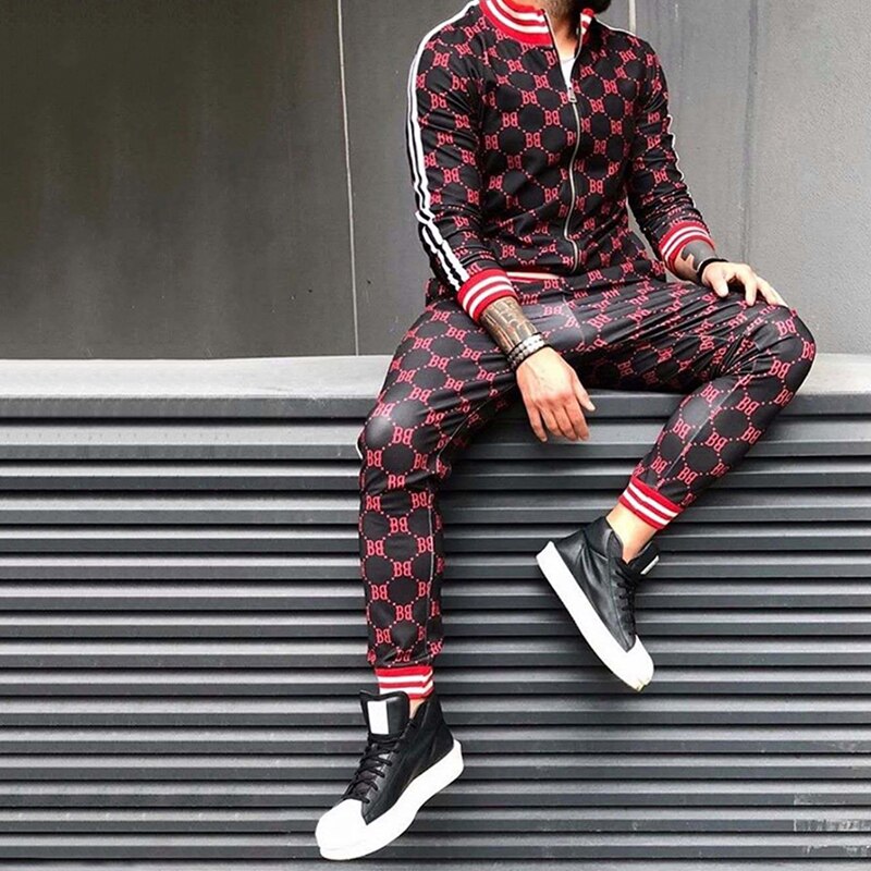 Gentleman Plaid Mannen Pak Jas + Broek Sport Trainingspak 3D Afdrukken Rits Tweedelige Set spot Europa 3XL