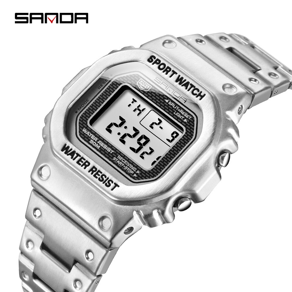 Sanda Mannen Horloge Mode G Stijl Sport Horloge Mannen Rvs Business Waterdichte Digitale Horloge Relogio Masculino: Zilver