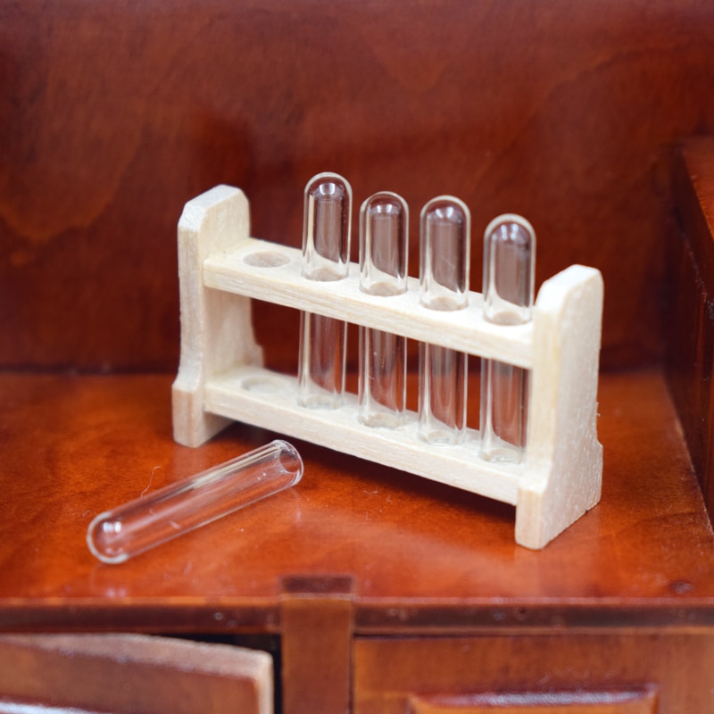 1 Set 1:12 Miniature Dollhouse Laboratory Test Tube with Wood Rack Pretend Play House Lab Furniture Decor Accessories Toy