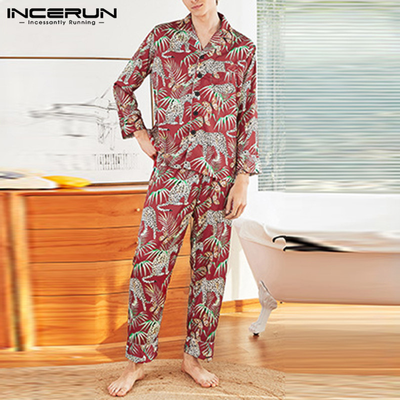 Incerun mænd nattøj sæt trykte langærmede toppe & bukser løst hjemmetøj 2 stk nattøj herre pyjamas sæt s -5xl
