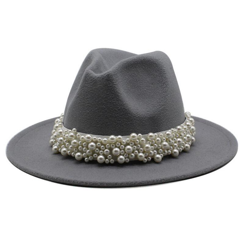 femmes hommes feutre Fedora chapeaux décontracté hommes femmes Imitation perle ruban bord Trilby formel casquette de fête: WYH-4907-9