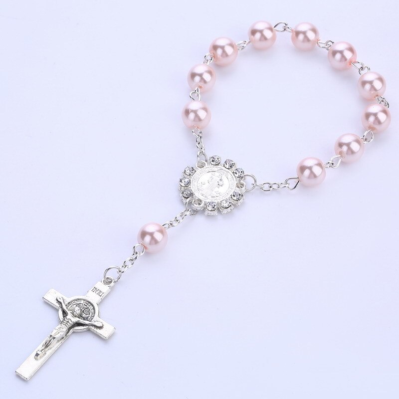 Kruis hanger rozenkrans armband Katholieke bruiloft rozenkrans katholieke cross: Light pink