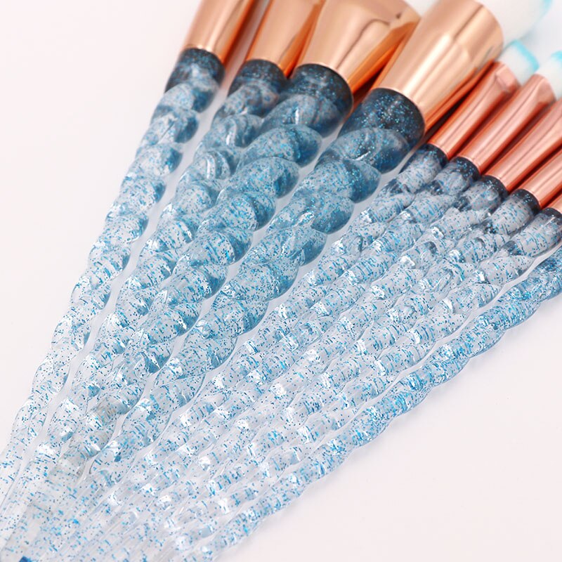 Kit de pinceaux de maquillage licorne bleu, fard à paupières, fond de teint, brosses à lèvres, cristal diamant, 10 pièces