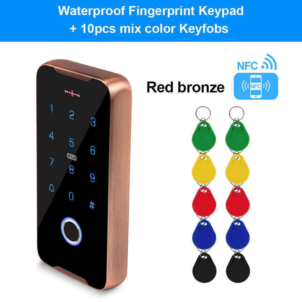 Mobile Phone NFC Access Control Keypad RFID Keyboard Access Controller System Fingerprint IP68 Waterproof 13.56MHz Card Reader: Red with Mix Keys