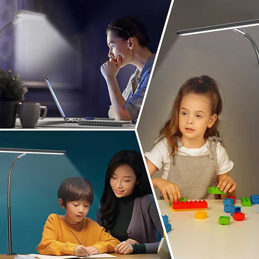 Lampada da scrivania a portato per ufficio domestico Lampada da lettura a doppia testa con regolazione continua e attenuazione degli occhi Lampade da tavolo per PC flessibili e regolabili in modalità colore a 3 colori