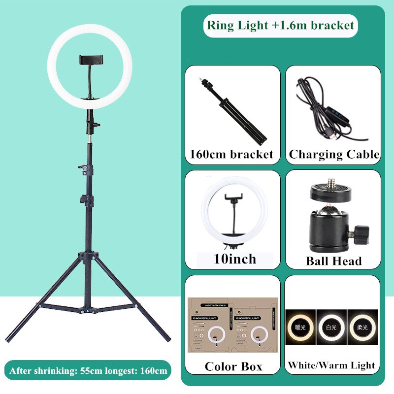 10 Inch Rgb Video Licht 16 Kleuren Rgb Ring Lamp Voor Telefoon Met Afstandsbediening Camera Studio Grote Licht Led 48 "Stand 160Cm Voor Youtuber: 10INCH 1.6M Tripod