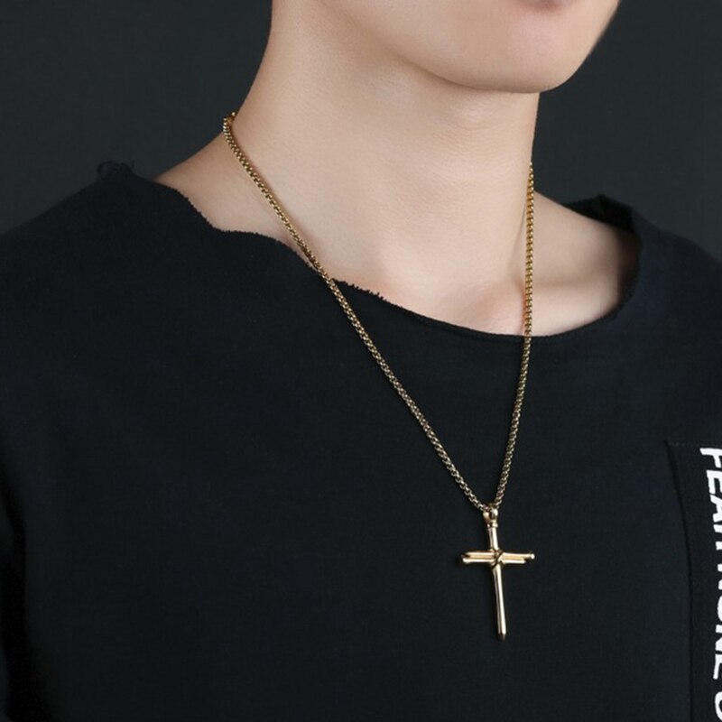 Männer Schmuck Edelstahl Nagel Seil Kreuz Anhänger Halskette