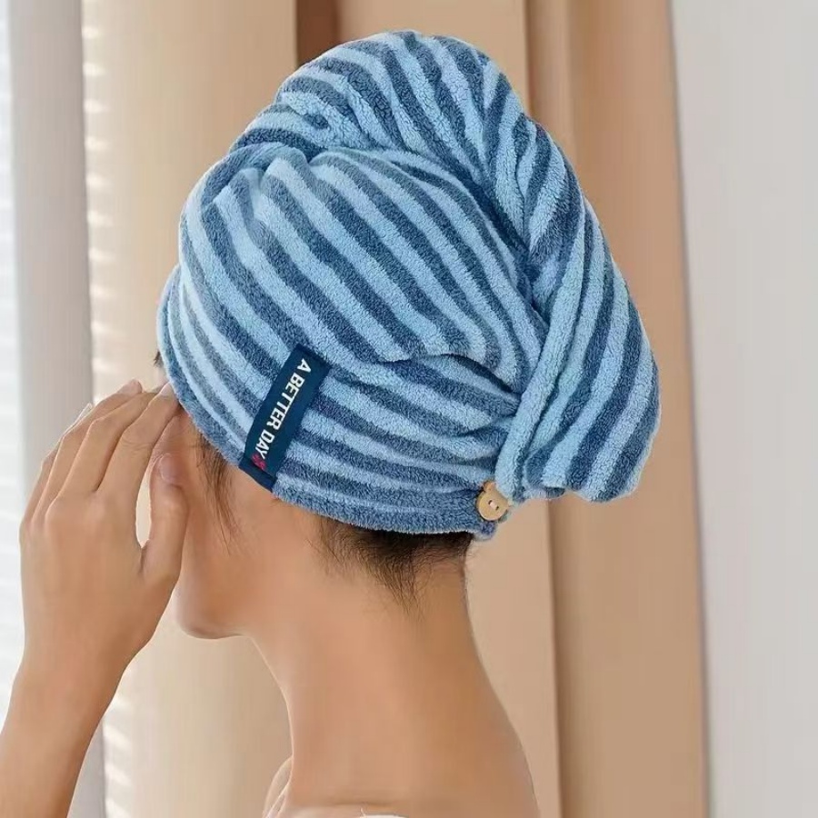 Serviette sèche pour cheveux en microfibre rayée, absorbante, douce au toucher, à séchage rapide, pour le bain, la plage et les voyages: Bleu