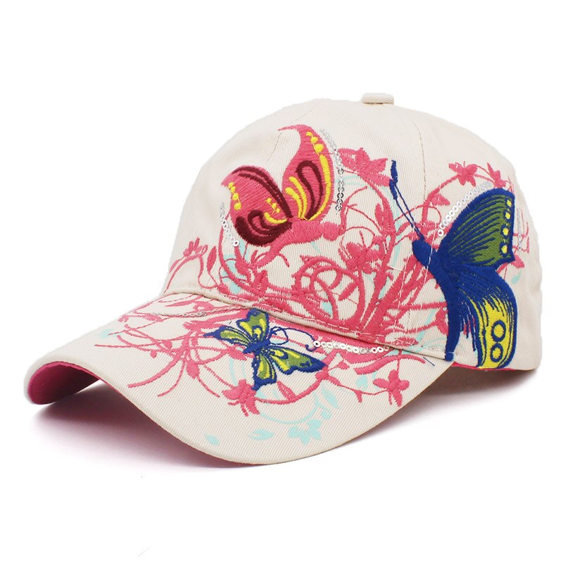 Lovingsha forår og sommer sommerfuglbroderi farverig blomst kvinders solskærmende baseball cap kvinder hip hop hat  b308: Beige