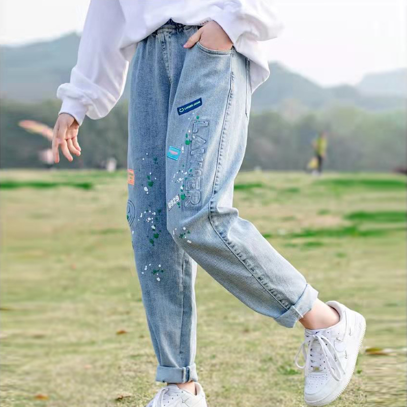 4-14Years Girls' Jeans Spring Clothes Little Girl Pants Teenager Children's Outer Wear Pants Children's Loose Girls' Trouser