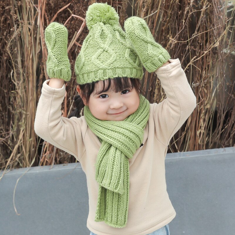 Kids Jongens Meisjes Winter Warm Breien Sjaal Hoed Handschoen Kinderen Baby Sjaals Effen Kleur Geel Rood Gebreide Caps