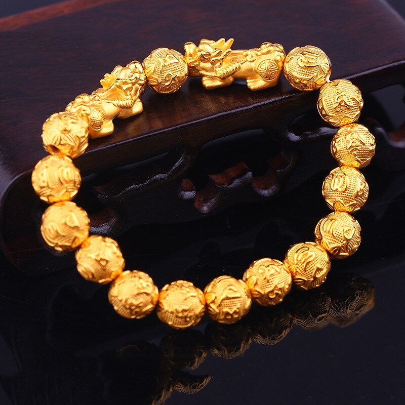 Fengshui Vietnam Shakin Pixiu Bracelets Natural Stone Golden Bead Carved Inscription Couples Charm Lucky Wealth Bracelet Jewelry