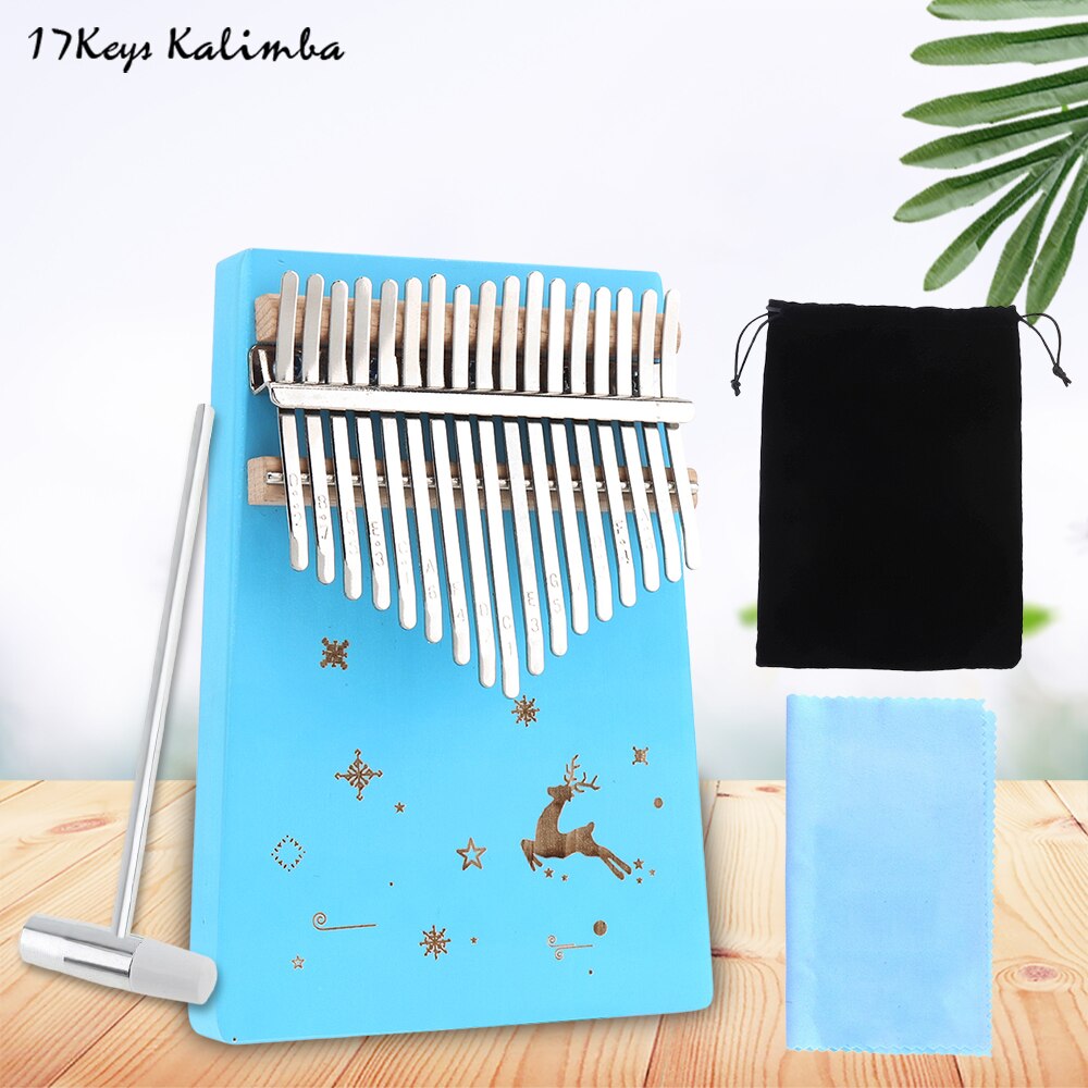 Piano de 17 teclas, dedo blanco Kalimba, patrón de corazón sólido, tablero individual, pino mbera, Mini teclado, instrumento Musical: Blue Reindeer Snow