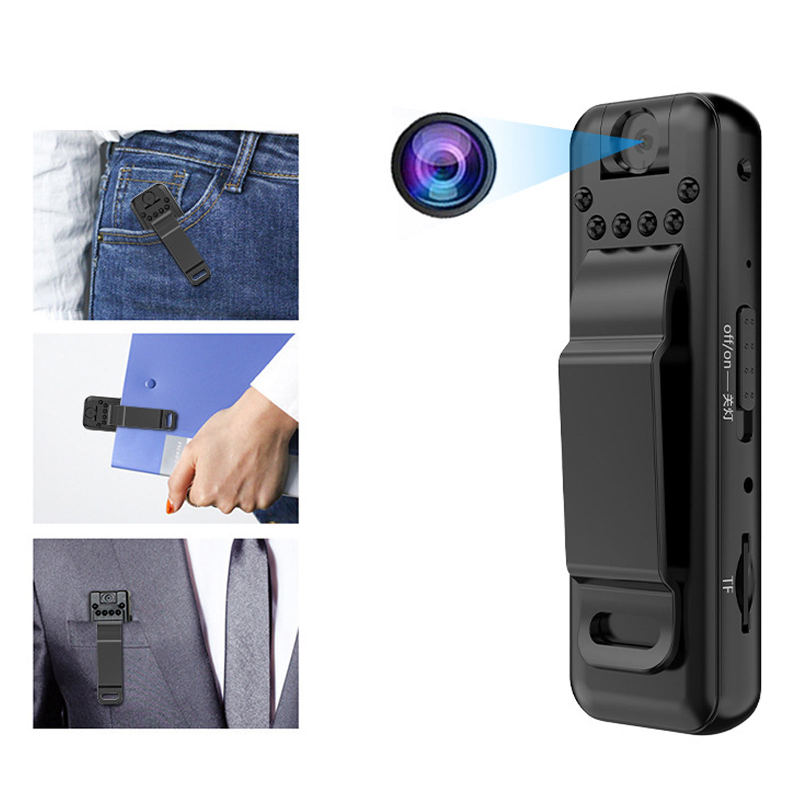 Videoregistratore con Clip posteriore Power Off Storage HD videoregistratore portatile con obiettivo rotante a 180 gradi per affari per sport all'aria aperta