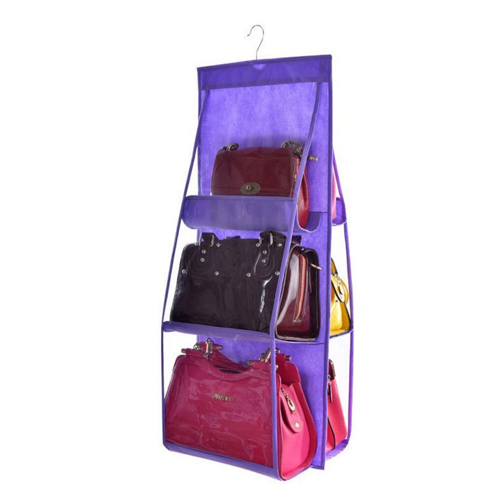 6 lomme hængende håndtaske arrangør til garderobeskab gennemsigtig opbevaringspose dørvæg klar diverse sko taske med bøjlepose: Lilla
