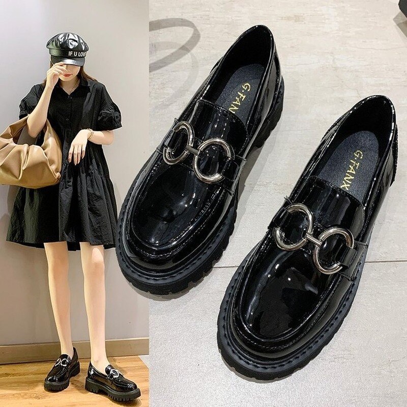 Zapatos Oxford con hebilla de Metal para mujer, zapatos de mujer de piel sólida, tacones medios cuadrados, zapatos informales de punta redonda, zapatos planos de talla grande