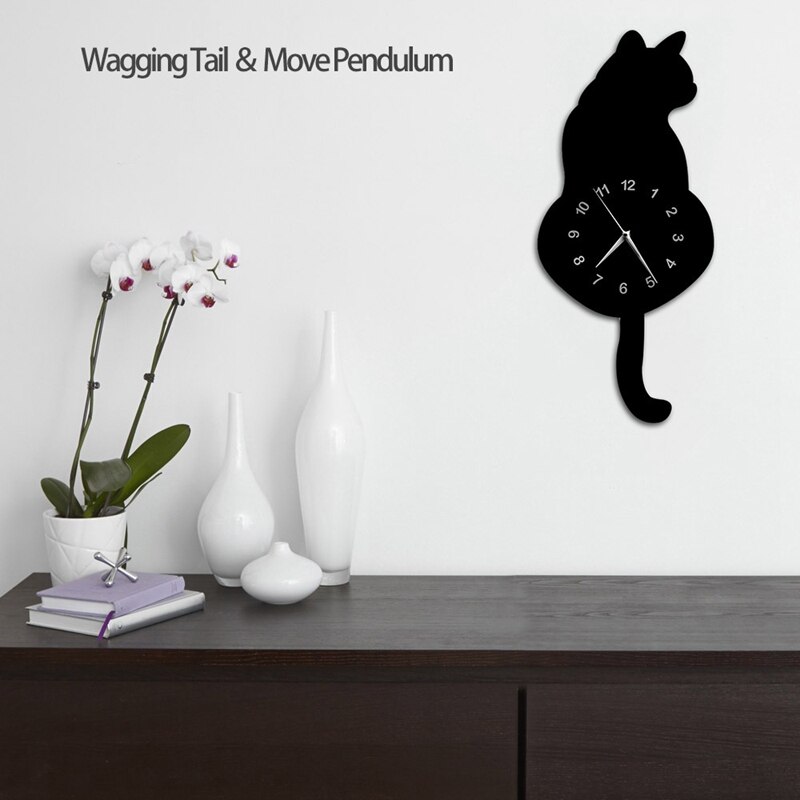 Modern 3D Digital Wall Clock Cat Swinging Tail Move Silent Non Ticking Pendulum Quartz Clock for Bedroom Home Decor