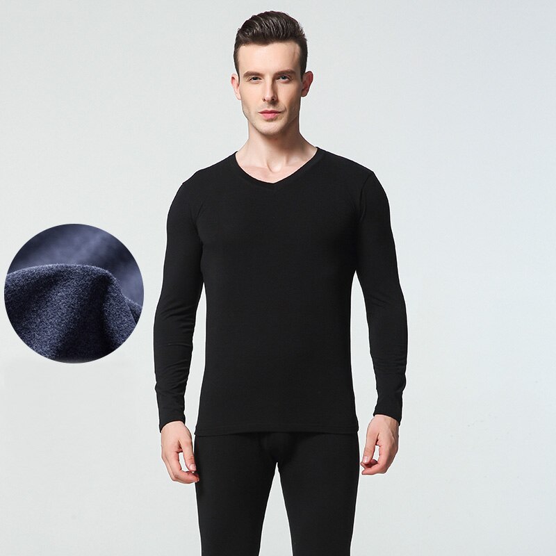 1 Sets Winter Long Johns Men Thermal Underwear Sets Simple Solid V-neck Keep Warm For Man Male Clothing Sleep Wear Spring Autumn: Black / XXL