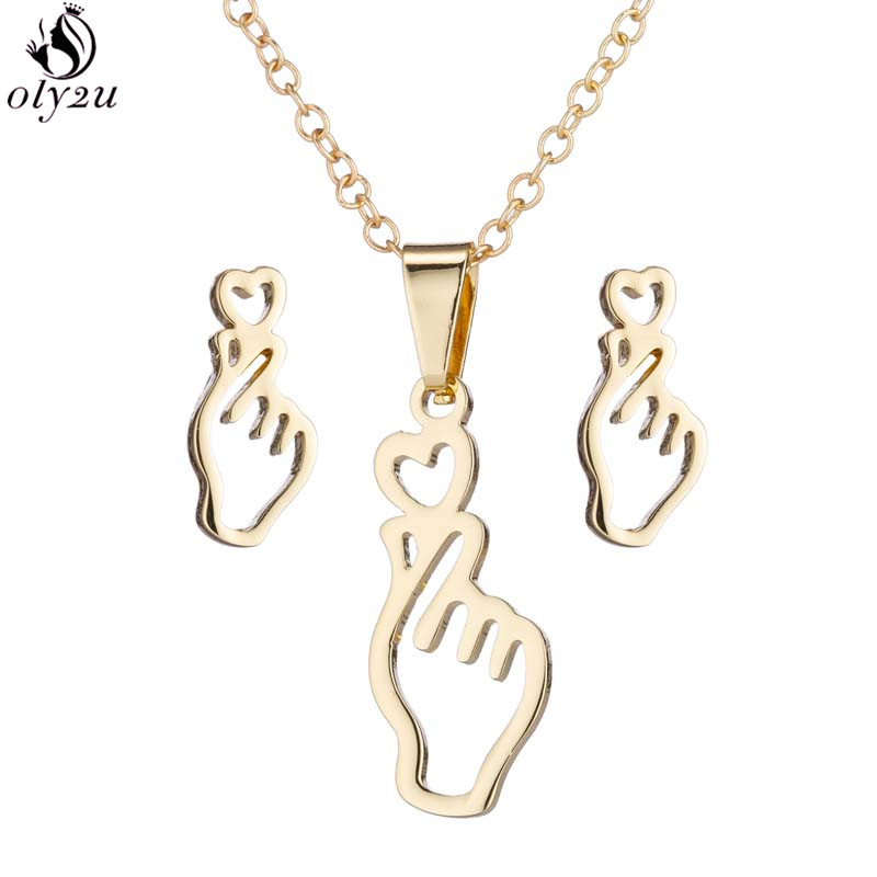 Koreaanse Mode Vinger Hart Ketting Oorbellen Toon Uw Liefde Rvs Stud Oorbellen Voor Vrouwen Sieraden Sets Accessoires