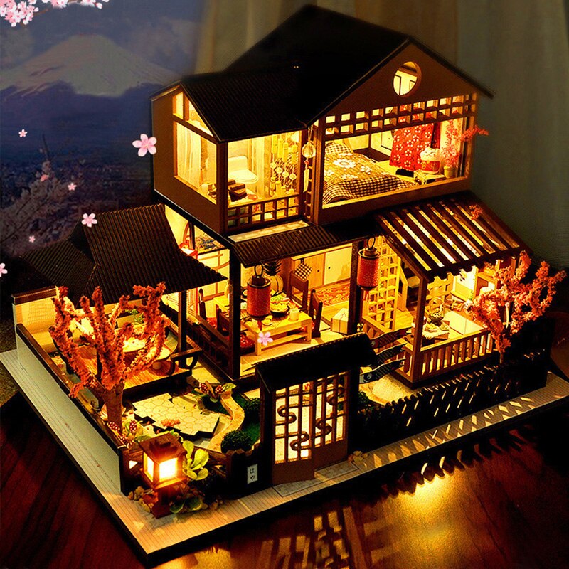 Diy dockhus trä stor 3d vintage villa modell bygg leksaker för barn år dockskåp miniatyr möbelsats