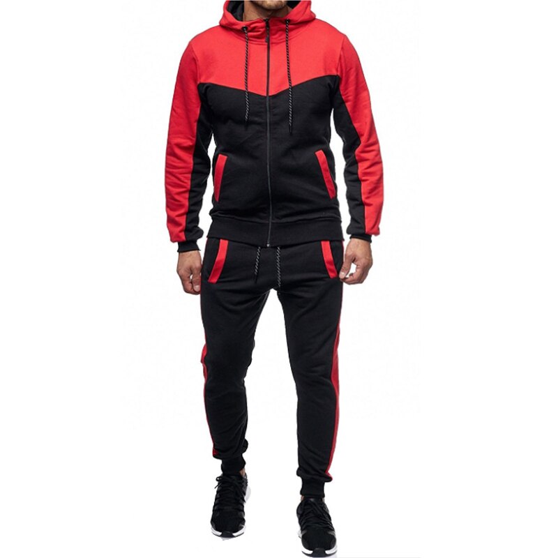 Fitness løpedrakter sett vår høst jogge hettegensere treningsdress med glidelås hurtigtørrende løse sportsdresser: Rød / 3xl