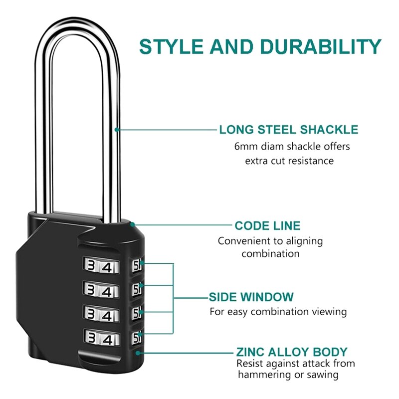 MOOL 2x Zinc Alloy 4-Digit Code Locks Anti-Theft Padlocks Long Beam Padlocks Weatherproof and Self-Recovery Locks