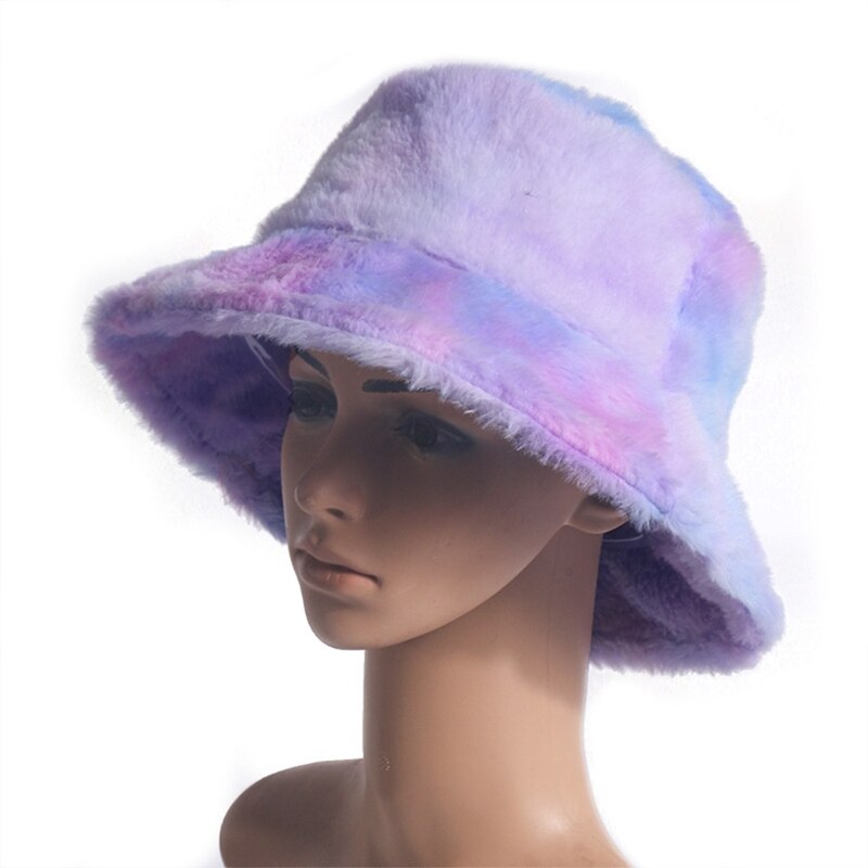 Women Winter Rainbow Colorful Tie Dye Bucket Hat Fluffy Fuzzy Plush Short Brim Sunscreen Thick Warm Panama Fisherman Cap
