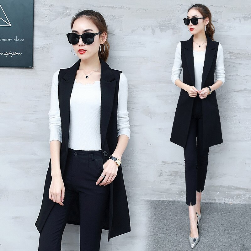 Garemay klassisk dame lang blazer vest kontor dame frakke kvinde vest kausal jakkesæt ærmeløs jakke plus str.: Sort / Xl