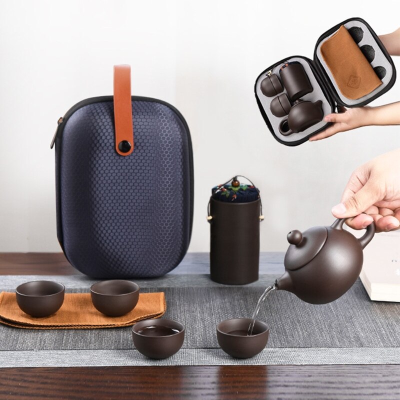 Natuurlijke Keramiek Kung Fu Thee Set 1 Theepot Met 4 Thee Kopjes En Mat Thee Emmer Met Draagbare Beschermende tas Voor Indoor