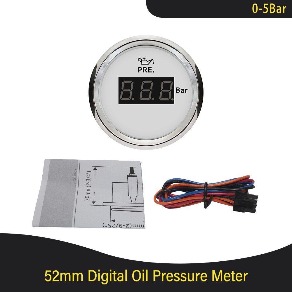 Universal vandtæt 52mm olietryksmåler 0-5 bar 0-75 psi /0-10 bar 0-145 psi med rød baggrundsbelysning 9-32v til bil lastbil båd: Digital 0-5 bar ws