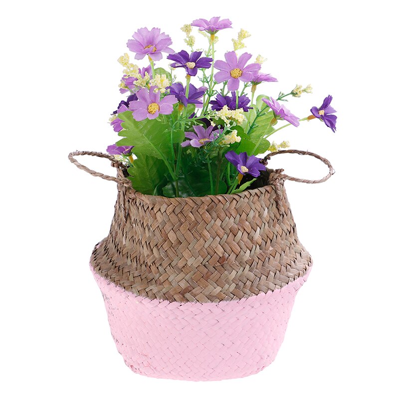 Flower Pot Storage Basket Rattan Straw Basket Seagrasss Wicker Folding Laundry Flower Vase Garden Hanging Basket Wedding: pink
