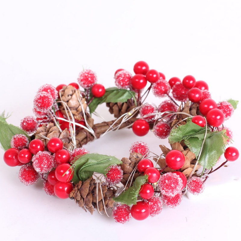 Christmas Decorative Wreath With LED String Light Artificial Berries And Pine Cone Garland For Front Door Window Wall Decor