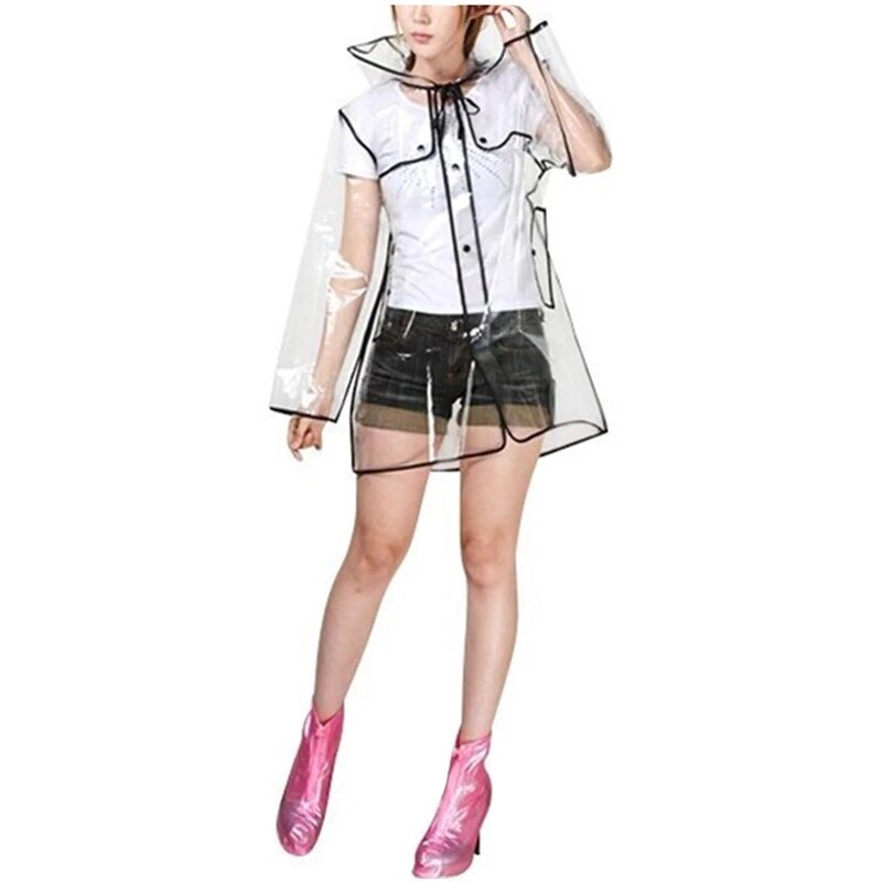 1pc Black Transparent Vinyl Raincoat Runway Style Womens Girls Clear Rain Coat