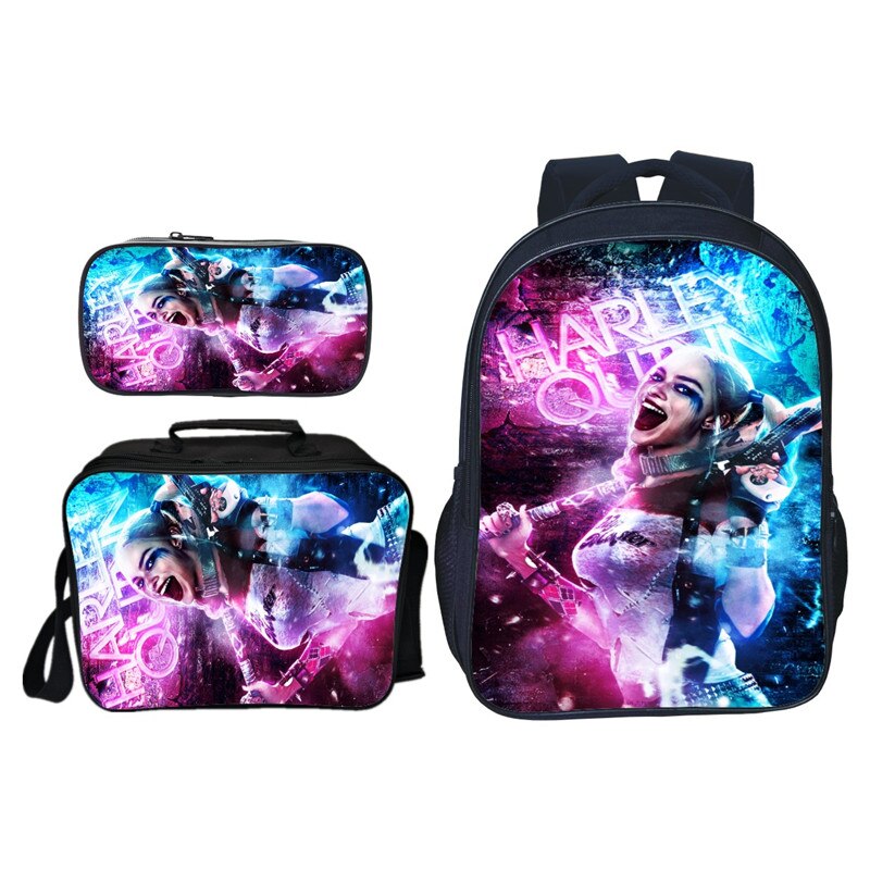 3Pcs/Set 3D Printing Suicide Squad Teenagers Girls School Backpacks Harley Quinn Kids Baby Book Bags Kindergarten: black6 / 13 Inches