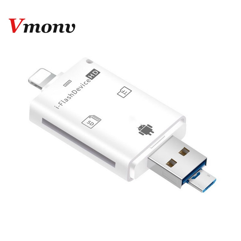 Vmonv-aparelho celular 3 em 1, leitor de cartão sd/sdhc, usb otg, flash, para iphone 8, x, xs, max, xr, ipad, android