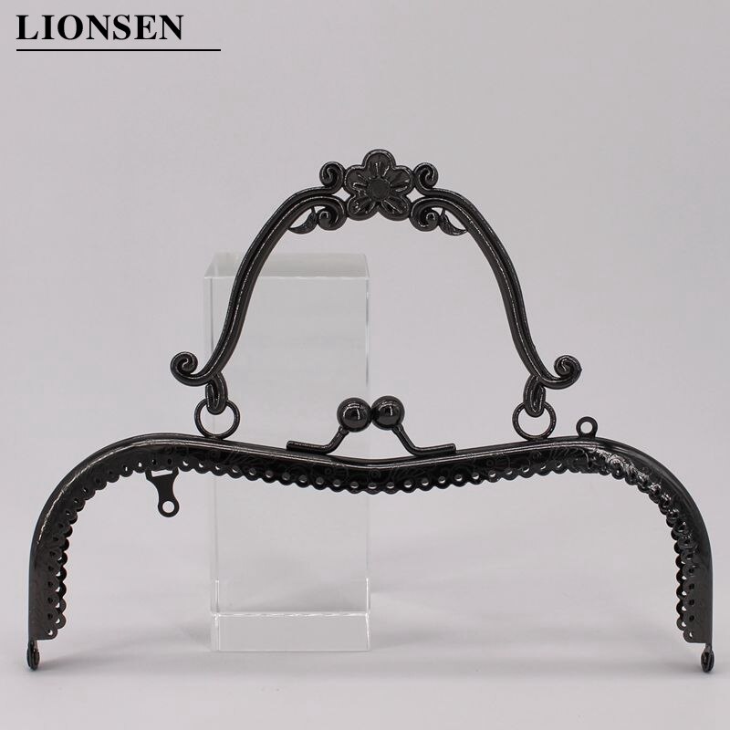 LIONSEN 20.5cm Metal Purse Frame Handle Clutch Bag Accessories DIY Kiss Clasp Lock Bronze Embossing M-shaped HandBag Hardware: Gun Black