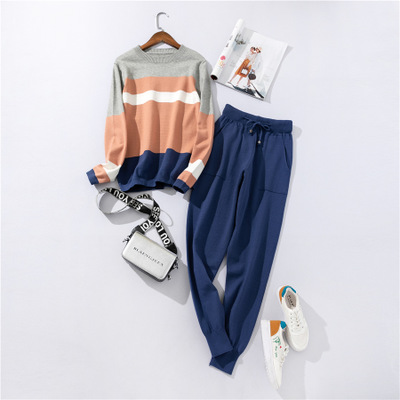 Autumn and winter casual women's knit sweater pants suit knit sportswear color strip stitching wool knit suit: 1