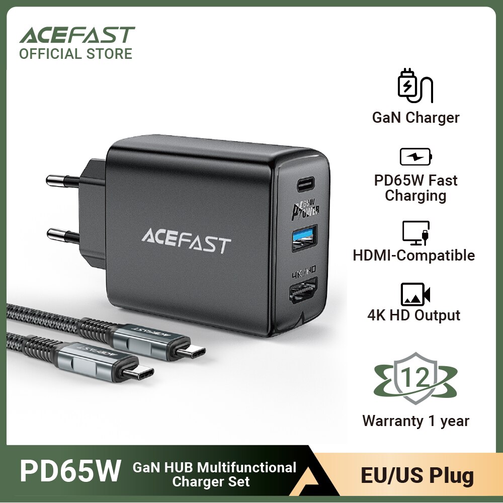 ACEFAST-estación de acoplamiento de TV Compatible con HDMI, cargador portátil GaN de 65W, 4K/60Hz, para Switch, 3 puertos tipo C, QC3.0, Notebook