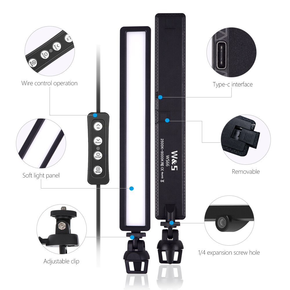WS66 Portable Multi-function Photography LED Video Light Long Strip Video Conference Fill Light for Makeup Shooting Live Broa