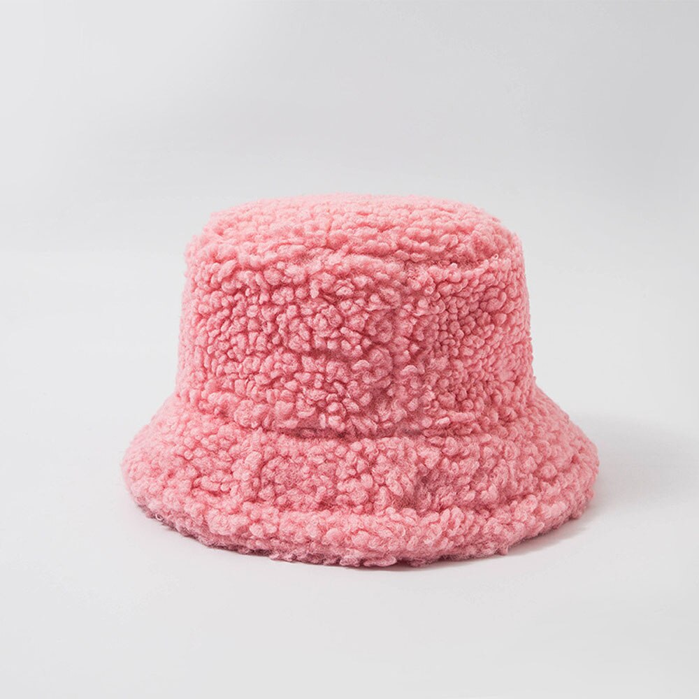 2022 Unisex Bucket Hat Graffiti Solid Women Men Fishing Fisherman Hat Autumn Winter Lamb Wool Outdoor Warm Panama Cap: Pink